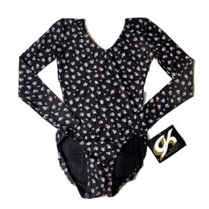 GK Elite VTG Black White Rose Cotton Leotard Bodysuit LS Stretch AXS Adult XS
